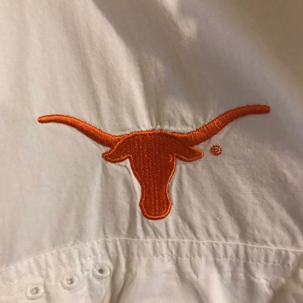 White Casual Button-Down Shirt with Orange Longhorn Logo Gently Worn